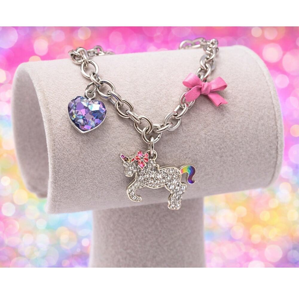 Silver Tone Glitter Unicorn Charm Bracelet w/ Crystal Heart & Bow New + Gift Box